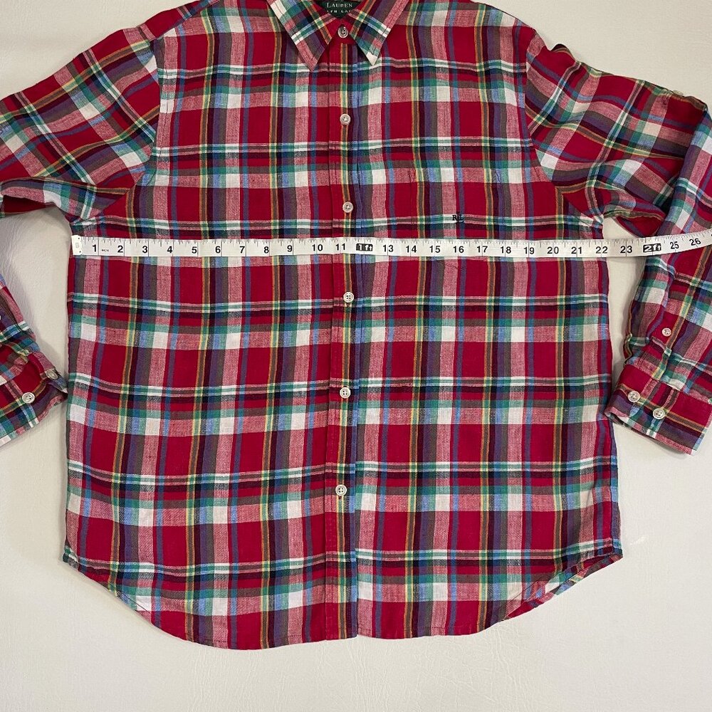 Lauren Ralph Lauren Shirt Women Sz Large 100% Linen Red Plaid Button Up Roll Tab - Picture 11 of 16